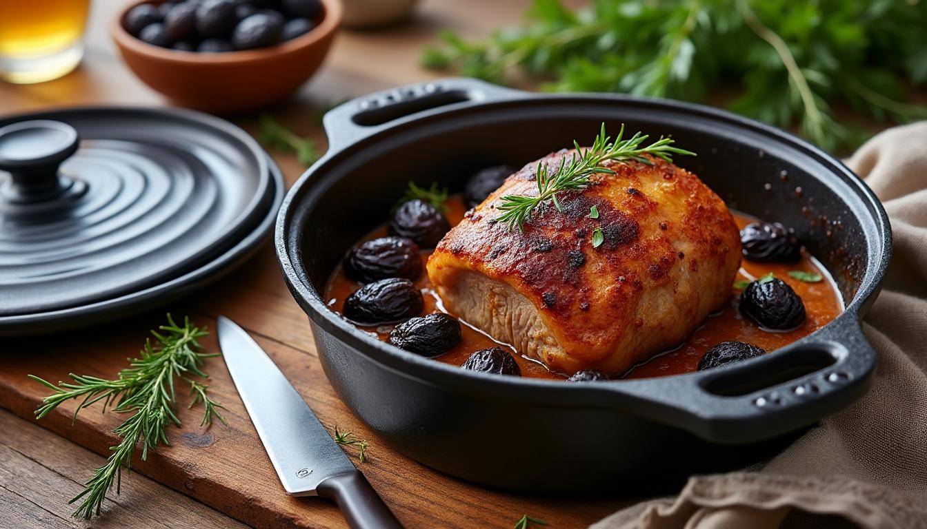 découvrez une recette simple et savoureuse de rôti de porc aux pruneaux en cocotte, parfaite pour un repas convivial et gourmand.
