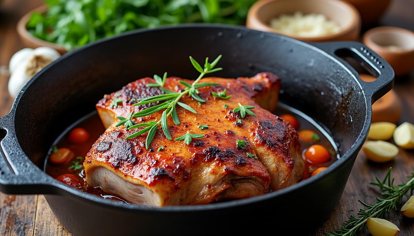 découvrez une recette facile et savoureuse d'échine de porc cuite en cocotte en fonte, pour un plat tendre et gourmand à partager en famille.